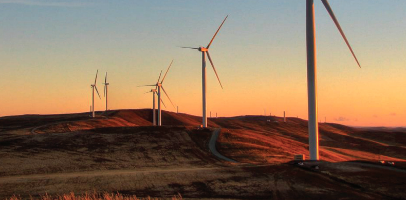 Photo of wind turbines along rolling hills