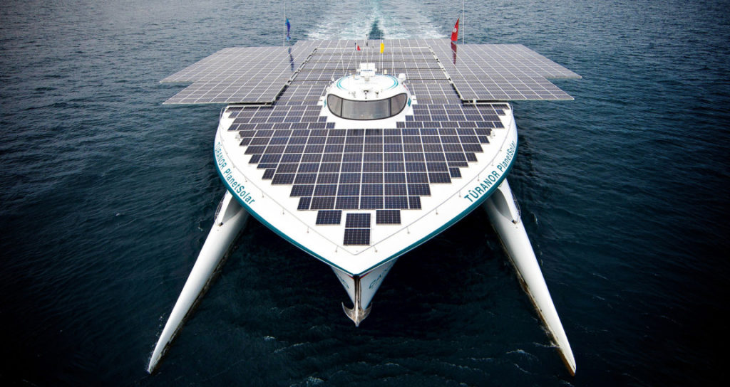 Photo of a boat with a solar farm on the top level