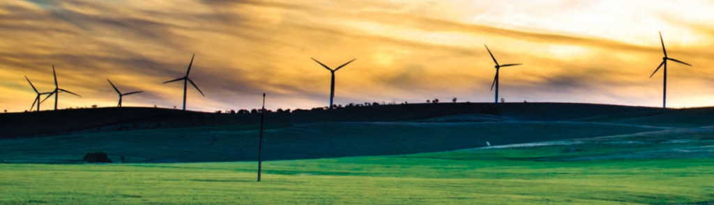 Photo of wind turbines overlooking a field at sunset