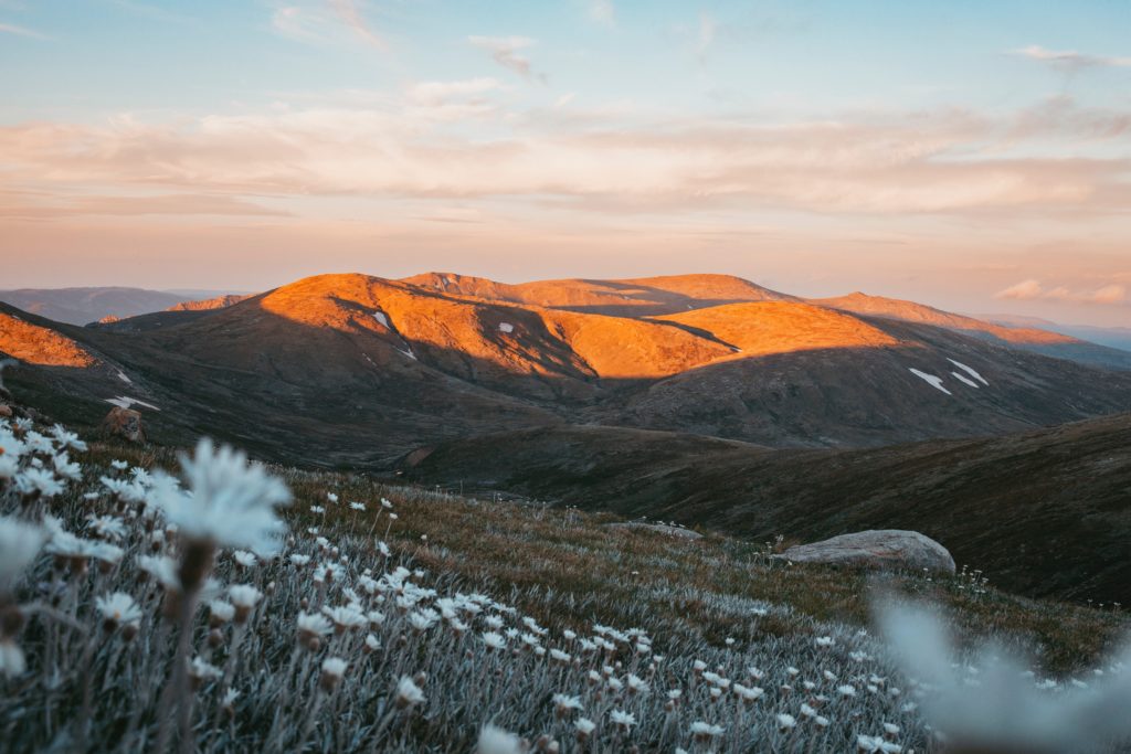 Snowy mountains during sunset