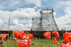 image of tulips in the foreground with a wire smoke stack in the backround.