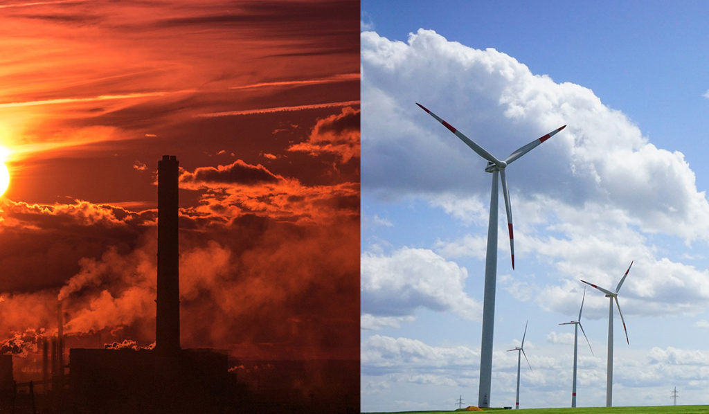 An image - half of a coal power station and red sky, half of a wind farm with blue sky.