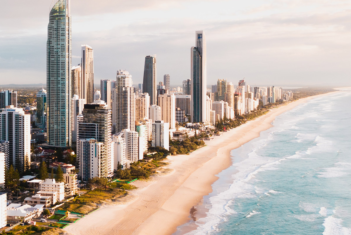 An image of the gold coast in Queensland - big city skyline close to the beach.