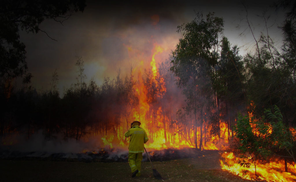 Lone firefighter facing bushfire flames in dangerous bushfire conditions