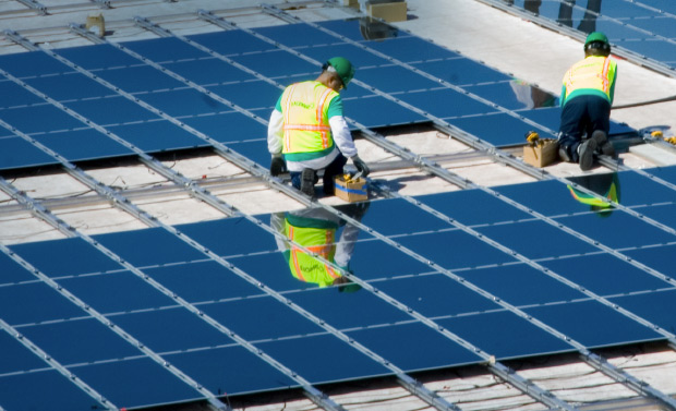 An image of workers on a solar farm in hi vis.