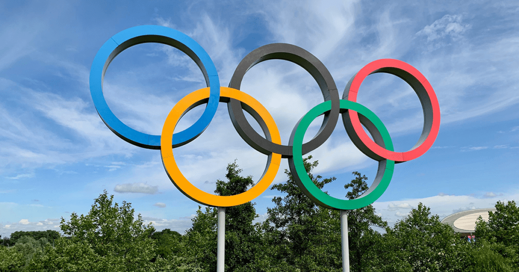 An installation of the Olympic rings as displayed in Queen Elizabeth Olympic Park, London