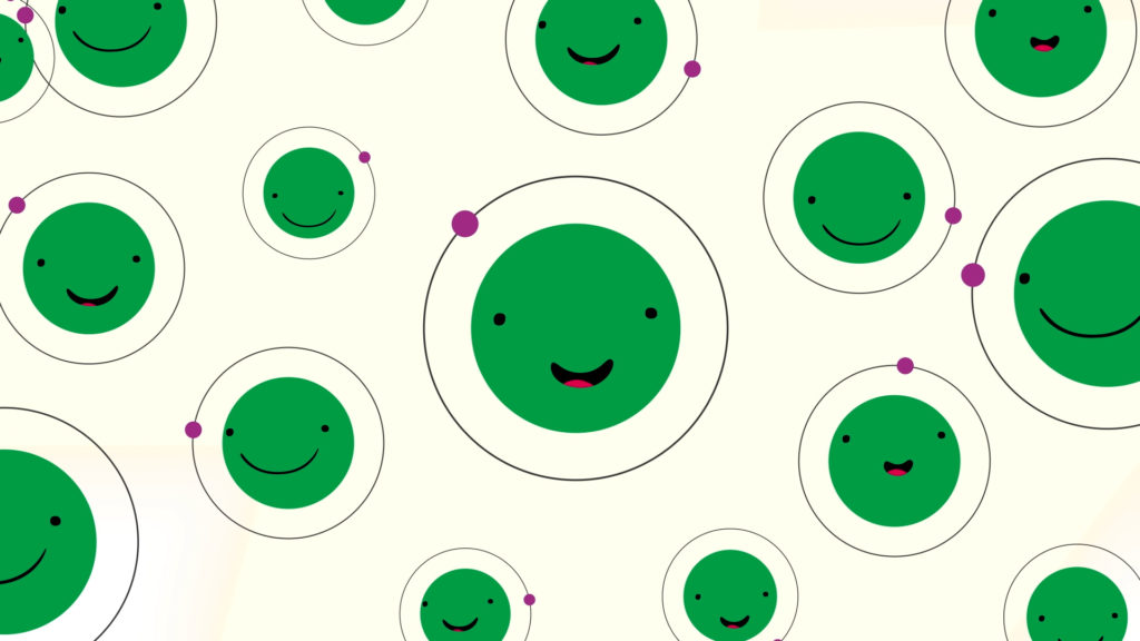 An image of smiling hydrogen atom cartoons.