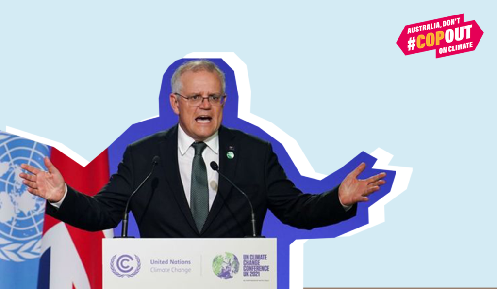 An image of Scott Morrison giving a speech at COP26 on a blue background.