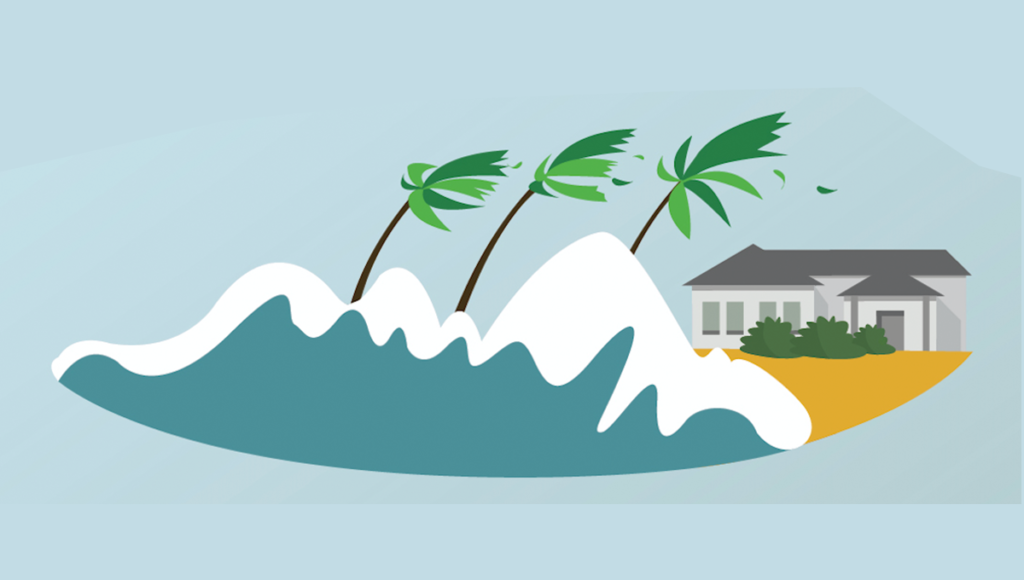 An illustration of cyclones hitting a beach.