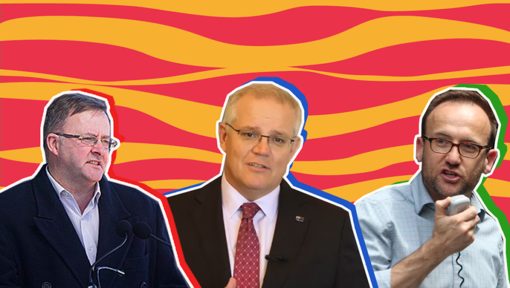 an image of the leaders of the three major australian political parties on a pink and yellow background.