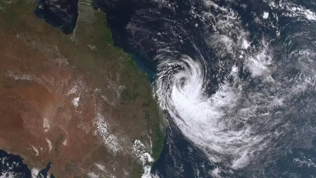 A satellite image of cyclone alfred off the coast of brisbane